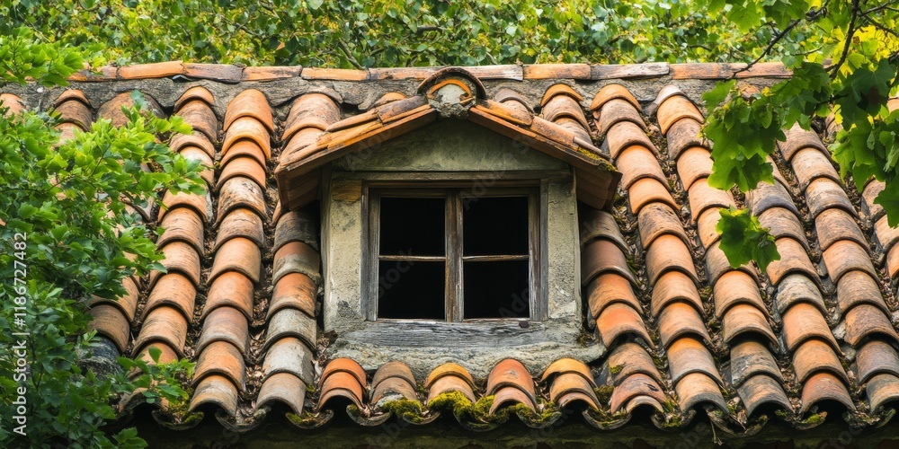 Poster roof tiles from an aged structure, framing an attic window. the view includes lush tree foliage arou