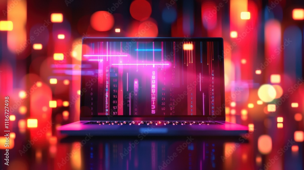 Poster laptop displaying vibrant digital data streams in colorful, abstract background. glowing lights crea