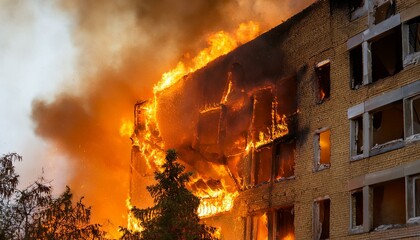 A building on the verge of collapse after a fire breaks out, with flames rising from gaps in the walls and debris falling.