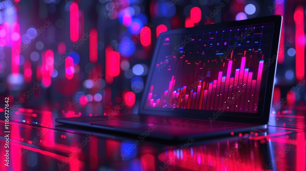 Poster laptop displaying colorful data visualizations in vibrant digital environment. scene features bright