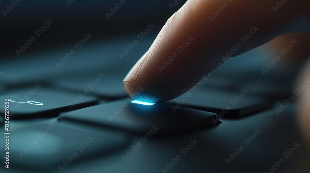 Poster close up view of a finger pressing a glowing key on a dark keyboard, highlighting the act of data en