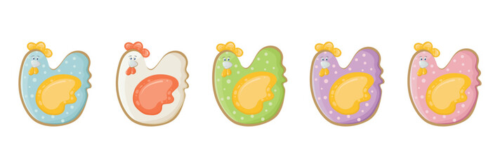 Easter hen similar to gingerbread of different colors and types. Gifts for happy Easter in flat style. Icons in the form of festive birds. Set of vector isolated drawings on a white background.