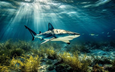Fototapeta premium Gray Reef Shark Swimming Over Ocean Floor in Key West National Marine Park. Surrounded by Coral Reefs, Small Fish, and Underwater Landscape.