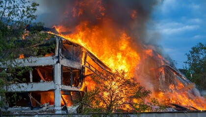 A building on the verge of collapse after a fire breaks out, with flames rising from gaps in the walls and debris falling.