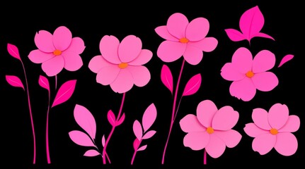 Vibrant Floral Elements with Pink Flowers and Leaves in High Detail for Nature Backgrounds