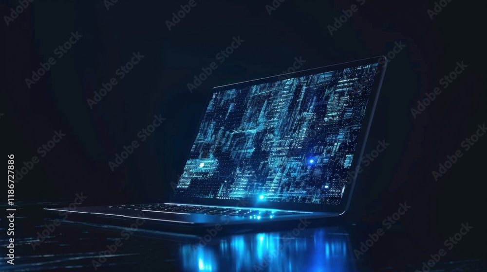 Poster sleek laptop displaying digital interface with glowing blue patterns, symbolizing technology and inn