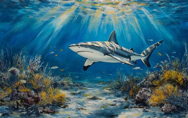 Fototapeta premium Gray Reef Shark Swimming Over Ocean Floor in Key West National Marine Park. Surrounded by Coral Reefs, Small Fish, and Underwater Landscape.