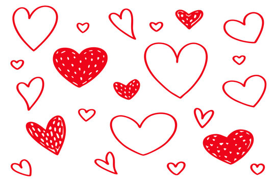 Hand-drawn Hearts Red Doodles on White Background - Valentine's Day Sketch Love Symbols Simple Illustration - Playful Romantic Artwork in Minimalist Style with Whimsical Childlike Scribbles,