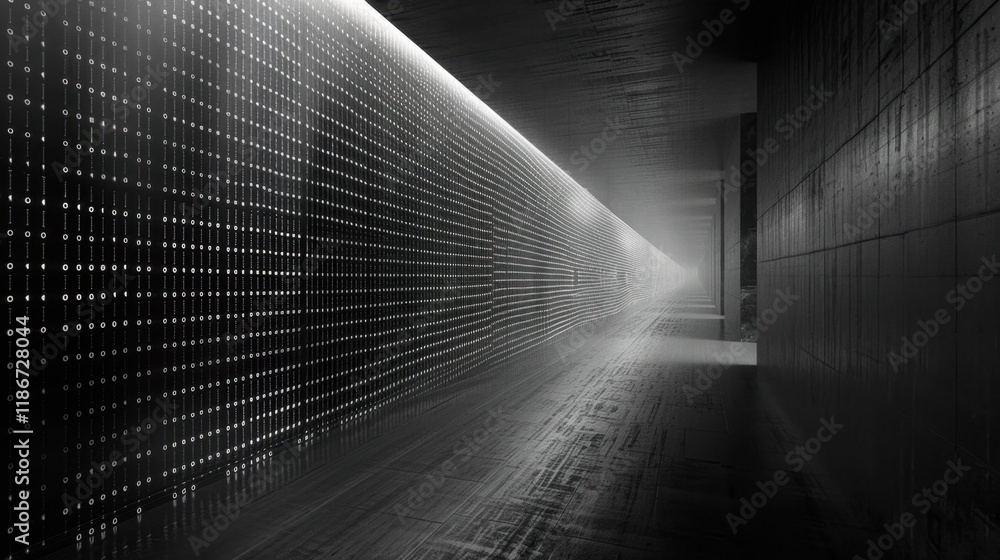 Poster futuristic corridor with digital patterns and soft lighting creates mysterious atmosphere. sleek des