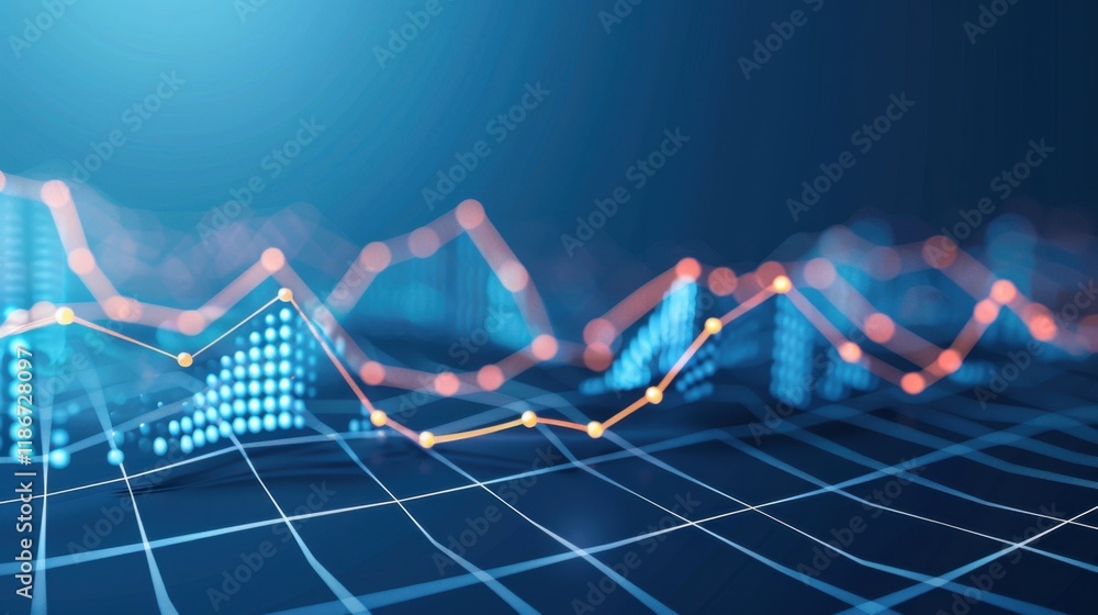 Poster visual representation of data trends with blue and orange lines on grid background, symbolizing anal