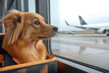 Awaiting Takeoff: A small, golden dog sits in a carrier at an airport window, looking out at an airplane preparing to depart, his soulful eyes capturing a sense of anticipation and travel.  