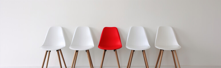 Chairs arranged in a row on a minimalist background with one red chair representing diversity and inclusion in the corporate world - a simple yet powerful design composition