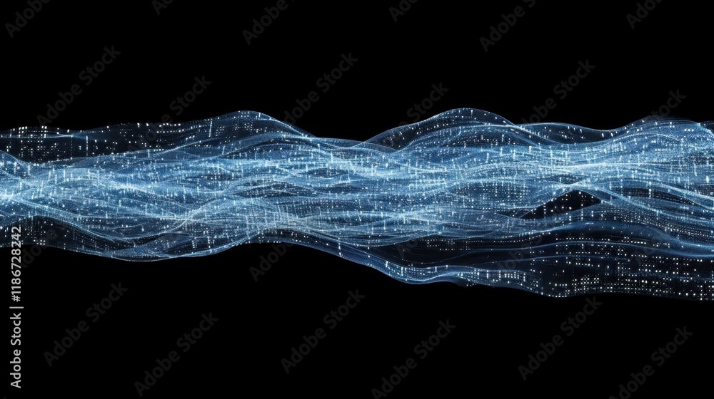 Poster Digital wave pattern with glowing blue lines and particles, representing technology and data flow. abstract design evokes sense of movement and innovation