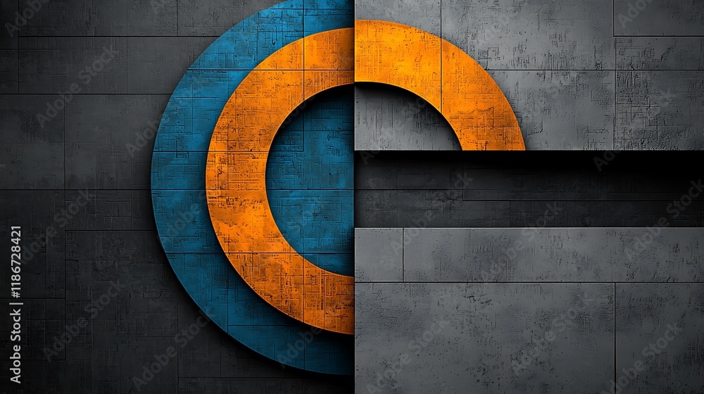 Aufkleber abstract circular composition with vibrant blue and orange elements set against a textured gray back