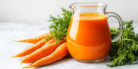 Fresh carrot vegetable juice served in a glass jug, showcasing the vibrant color of carrot vegetable juice against a pure white background, highlighting the healthy allure of carrot vegetable juice.