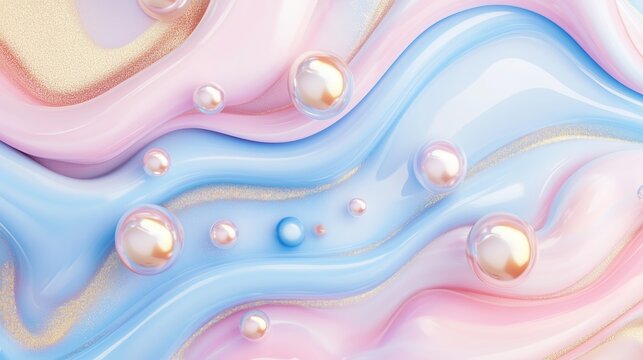 Fototapeta Abstract marble background with golden glitter, bubbles and pearls, pastel blue and pin colors.