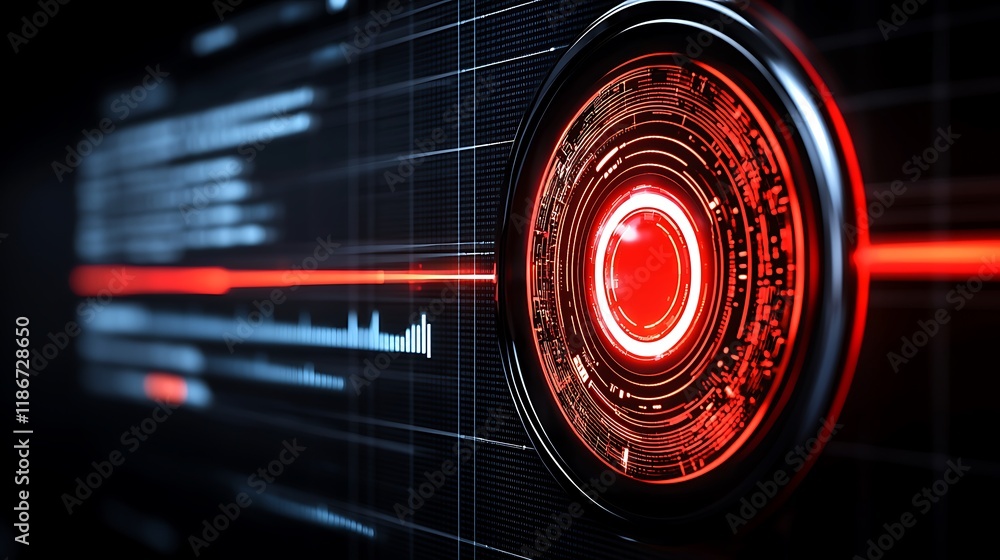 Poster close-up of a digital interface displaying abstract patterns with futuristic elements in a dark cont