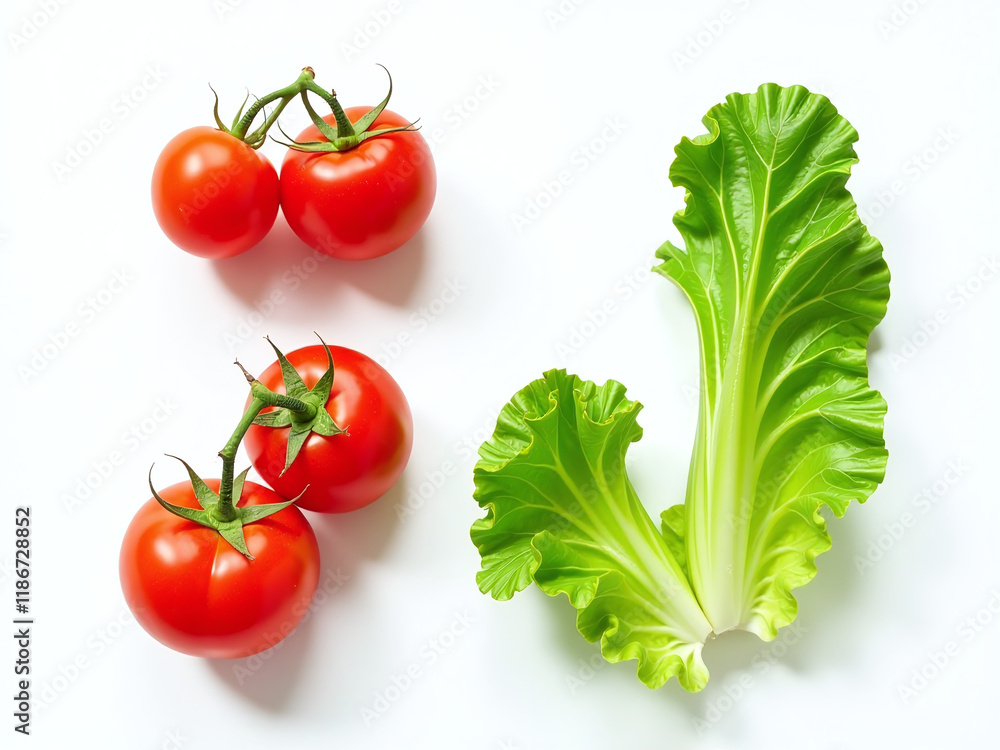Fototapete cherry tomatoes and lettuce letters i and j isolated on a white background create a unique vegetable