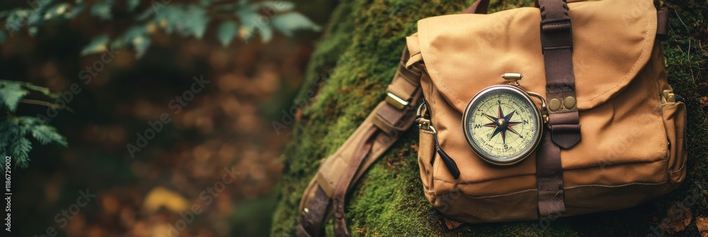 Aufkleber Exploring the wilderness with a compass, backpack and map against a lush forest backdrop on a bright sunny day. Generative AI