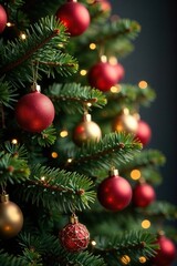 Fototapeta premium Stylish Christmas tree with fir branches and garland, seasonal, warm, christmas