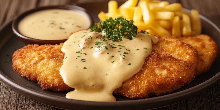 Delicious chicken schnitzel served with a creamy cheese sauce on a plate highlights the delightful flavors of chicken schnitzel, creating a perfect dish for cheese lovers and schnitzel enthusiasts