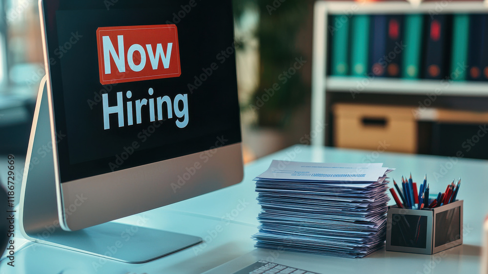 Poster clean office setting with now hiring sign on computer screen