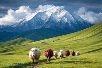 Obraz premium A panoramic shot of the Nurata Mountains, with grazing livestock and small villages dotting the landscape
