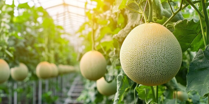 Fresh net melon hanging on the tree in a vibrant organic greenhouse farm, showcasing the healthy growth of net melon in a nurturing environment for optimal cultivation.