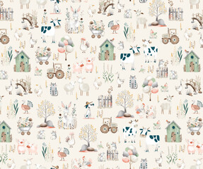 Watercolor seamless pattern with farm animals, tractor, farm house, tree

