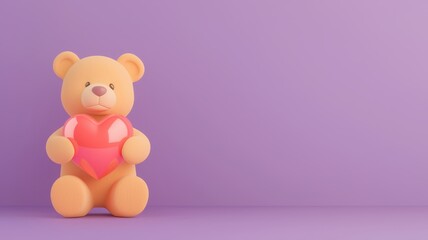 Fototapeta premium Valentine bear with romance and joy idea. Cute teddy bear holding a heart on a purple background.