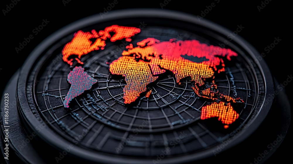 Poster detailed abstract digital representation of a world map in vibrant colors, highlighting geographical