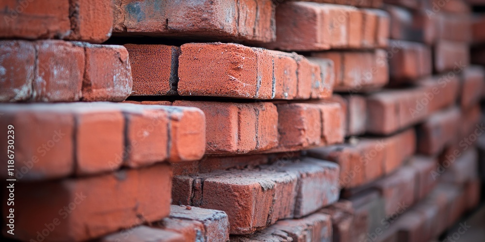 Poster close up view of a stack of red brick, emphasizing the texture and color of the red brick, creating 