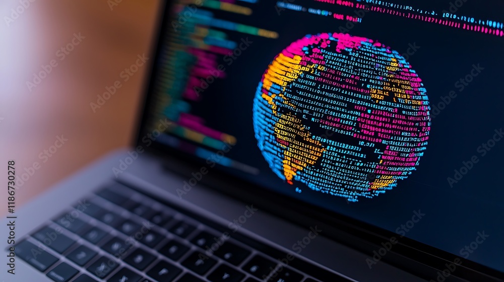 Poster close-up of an abstract digital representation of a globe with colorful code patterns on a laptop sc
