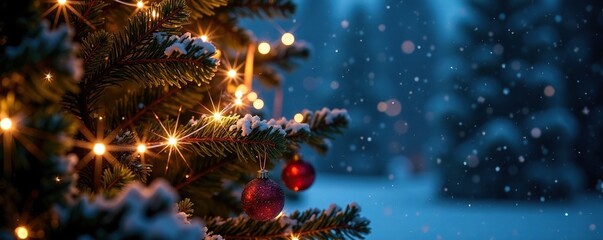 Sparkling lights twinkle on a Christmas tree at midnight, twinkly lights, magical night, snowflakes