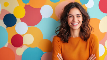 Smiling woman against colorful geometric background, highlighting joyful expression. Perfect for vibrant lifestyle and fashion photography content.