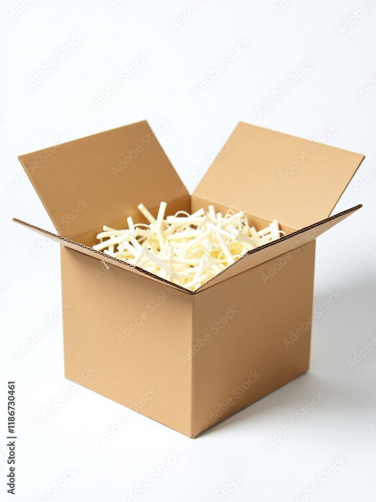 Poster Cardboard Box With Decorative Shredded White Paper And A Straw Insert Has An Opening Lid, Isolated Against A Plain White Background. 00003