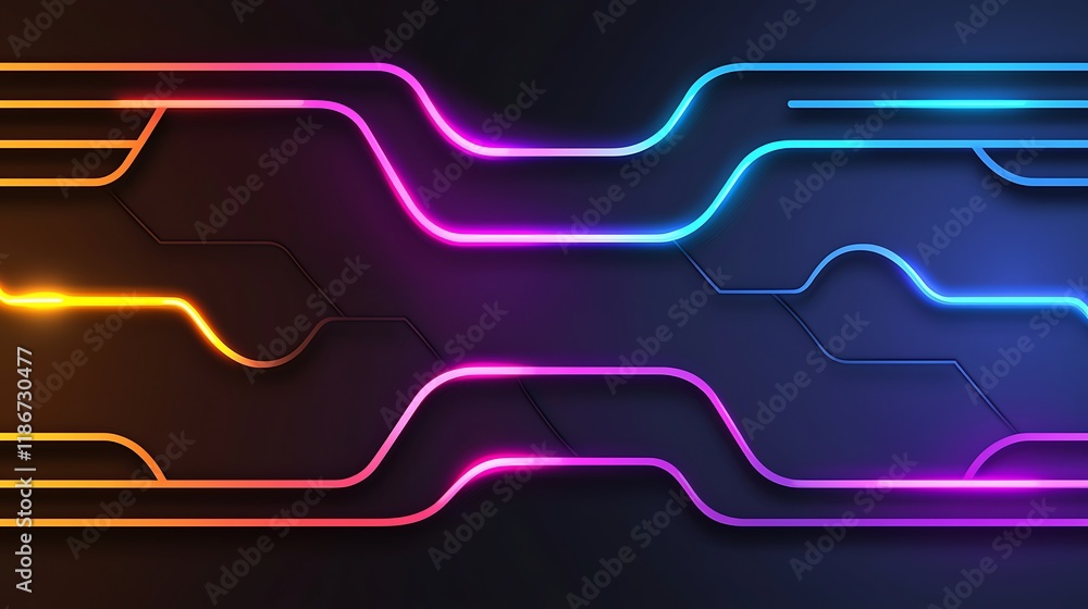 Poster close-up view of an intricate circuit board with illuminated lines in vibrant colors, highlighting m