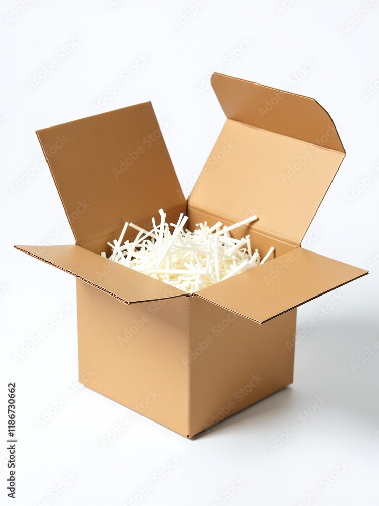 Poster cardboard box with decorative shredded white paper and a straw insert has an opening lid, isolated a
