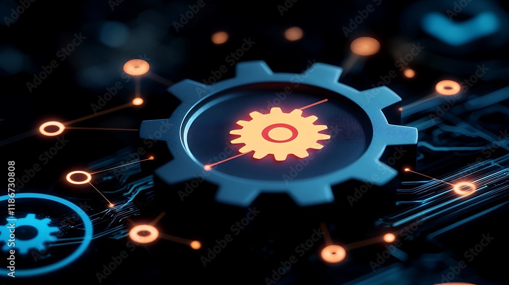 Poster close-up view of interconnected gears with circuit design highlighting intricate mechanisms and tech