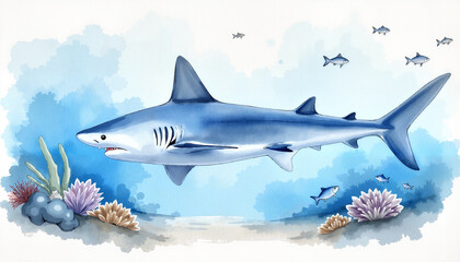 Fototapeta premium Elegant Blacktip Shark swimming through coral reef, underwater beauty