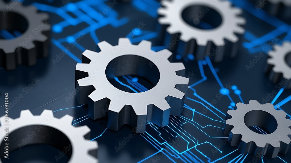 Poster close-up of interconnected gears on a circuit board with blue electrical lines and modern technology