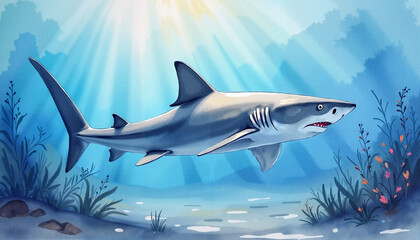 Fototapeta premium Serene Blacktip Shark swimming through vibrant lagoon waters, nature's beauty