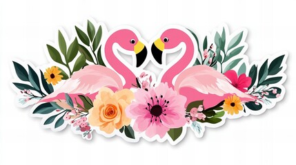 Obraz premium Two pink flamingos nestled together in a vibrant floral arrangement. Tropical vibes!