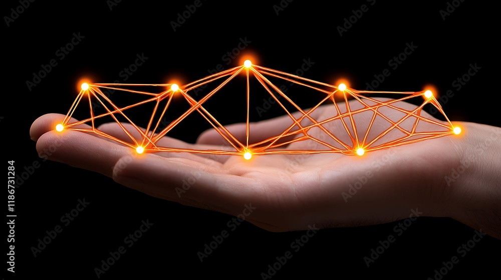 Poster close-up shot of a hand reaching out to interact with a glowing network of points connected by lines