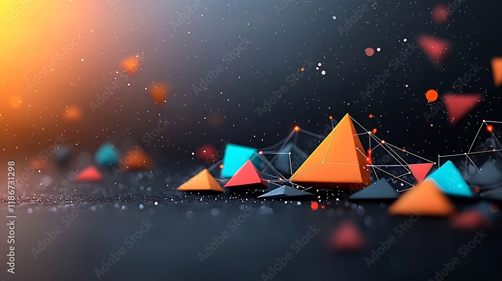 Poster futuristic neon lit digital abstract artwork featuring a dynamic composition of intersecting geometr