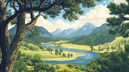 Pine Tree Branches with Distant Mountains and Rivers in Background. Green Grassland Along River Banks.