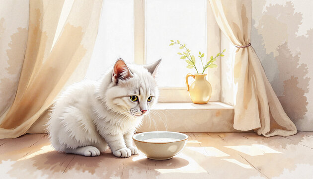 Fluffy white cat sipping milk by sunny window, warmth and comfort