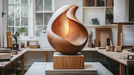 Intricately Crafted Wooden Sculpture with Warm Inner Glow in Artisan Workshop Setting, Showcasing Unique Design and Textural Elements for Creative Inspiration