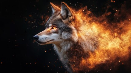 Fototapeta premium Fiery wolf portrait with embers on dark background.
