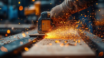 In Motion: Spark Flying from a Power Tool During Woodworking Process in a Workshop, Featuring Dynamic Lighting and Detailed Wood Shavings